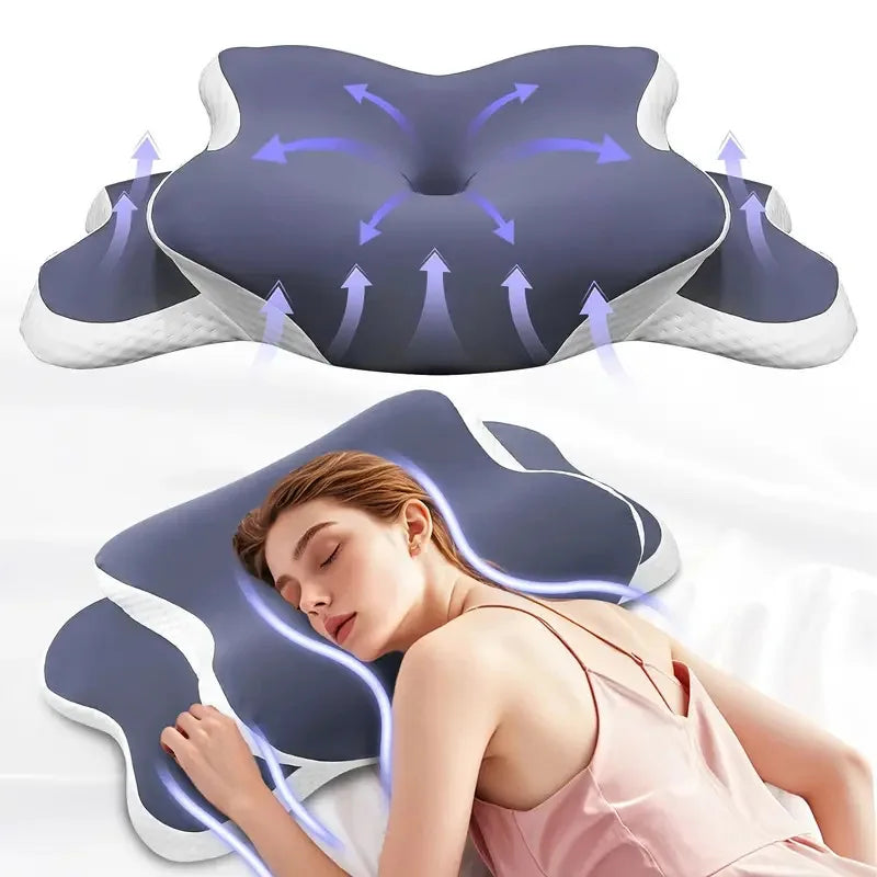 Ergonomic Butterfly Memory Foam Neck Pillow, C‑Shape Adjustable Dual Height Support Pillow with Transparent Cover for Side & Sup