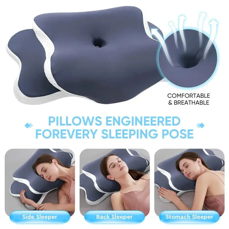 Ergonomic Butterfly Memory Foam Neck Pillow, C‑Shape Adjustable Dual Height Support Pillow with Transparent Cover for Side & Sup