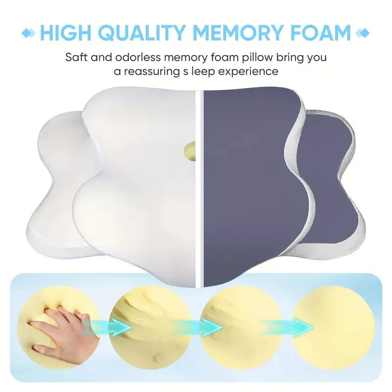 Ergonomic Butterfly Memory Foam Neck Pillow, C‑Shape Adjustable Dual Height Support Pillow with Transparent Cover for Side & Sup