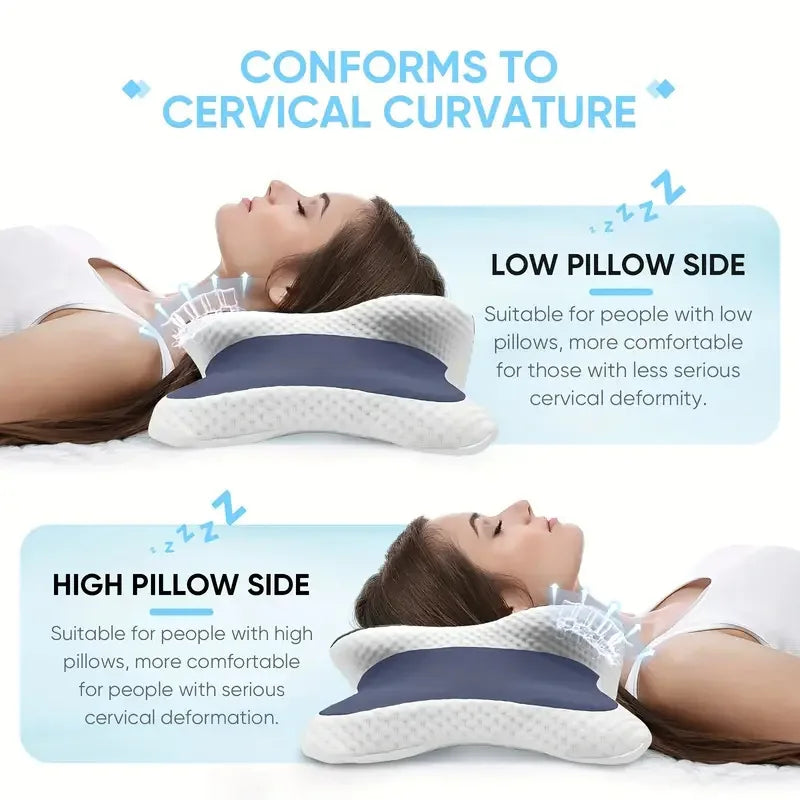 Ergonomic Butterfly Memory Foam Neck Pillow, C‑Shape Adjustable Dual Height Support Pillow with Transparent Cover for Side & Sup
